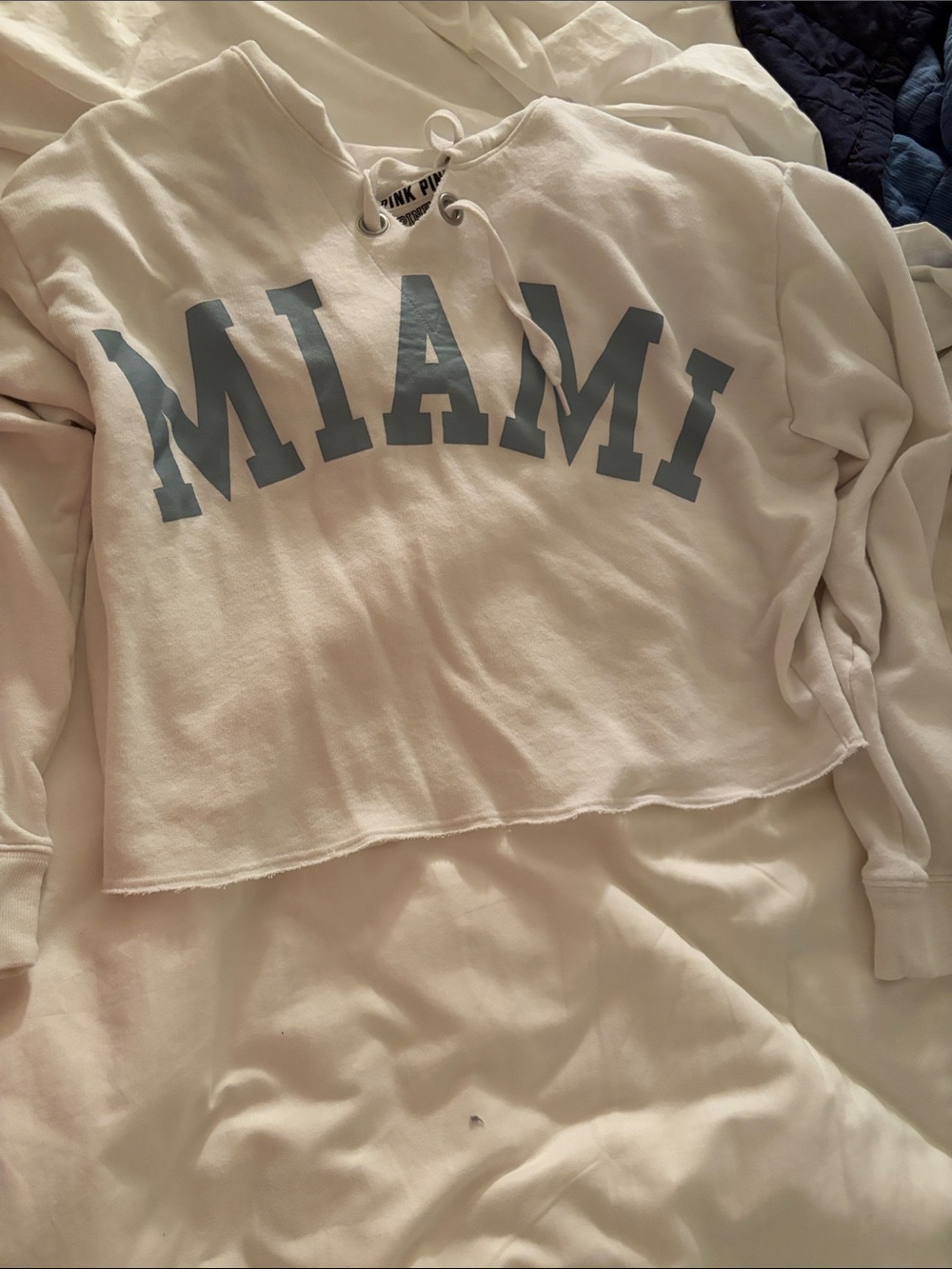 PINK Victoria's Secret White Cropped Lace-Up Sweatshirt with Blue 'MIAMI' Print